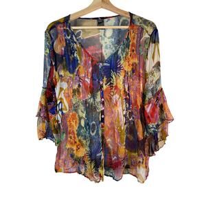 Casual Studio Women's S Sheer Pintuck Pleated Colorful Floral Bell Sleeve Blouse